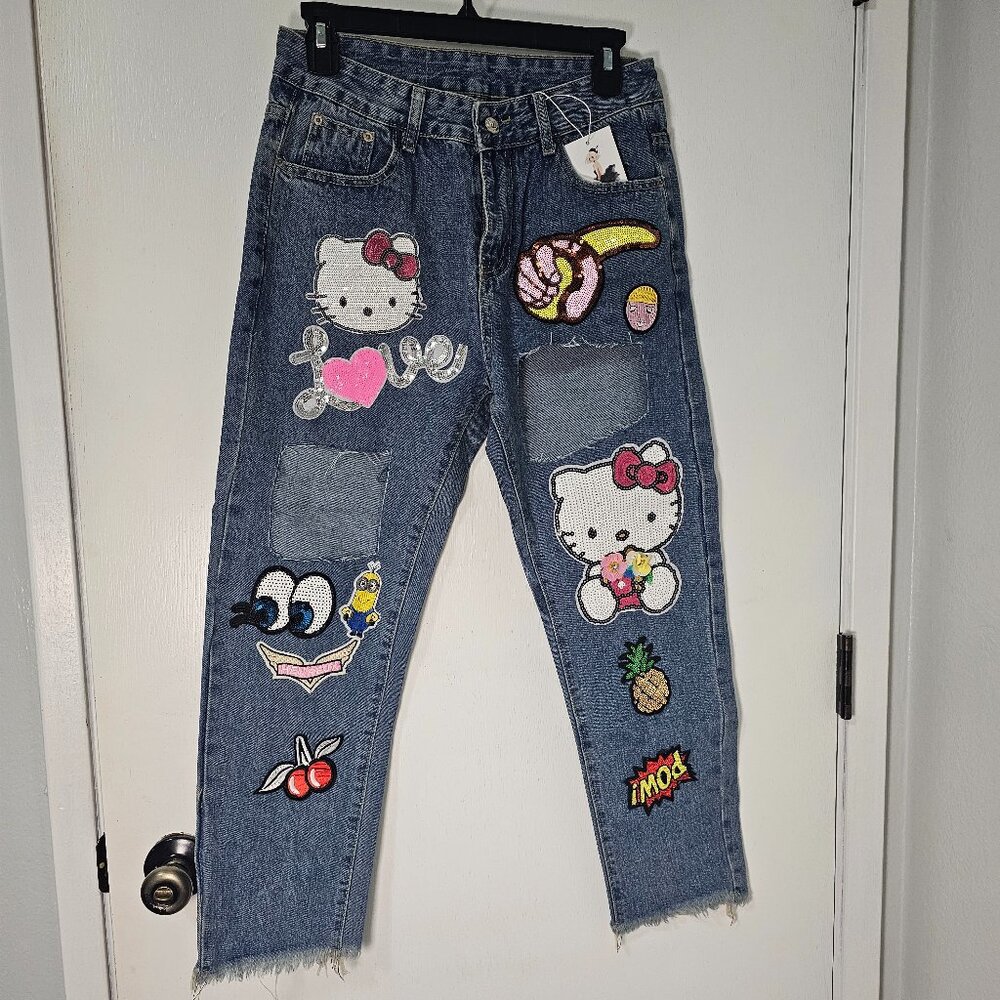 NEW Y2K Fashion G.D. Jeans High Rise Ankle Pants with Hello Kitty Patch Size 28 - Picture 2 of 9